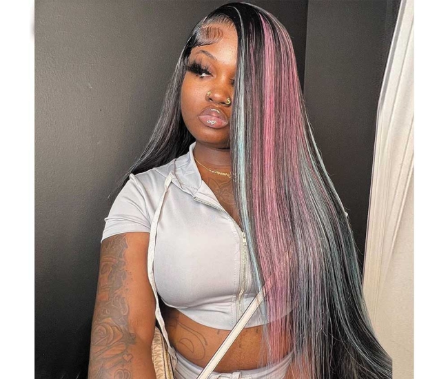 Highlight Pink with Green Color Lace Front Wig